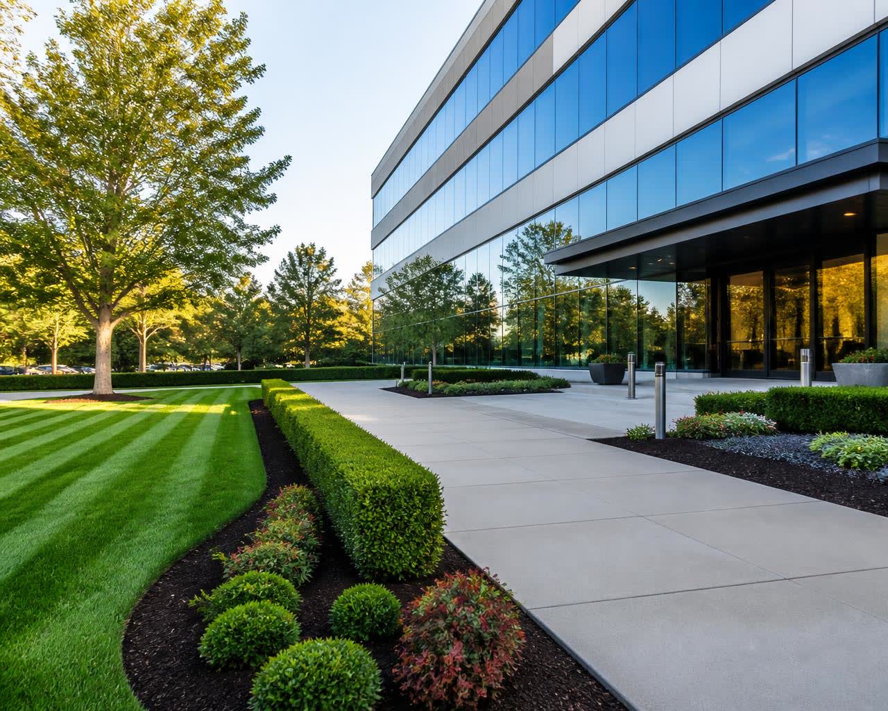 Commercial building entrance with immaculate lawn and hedges