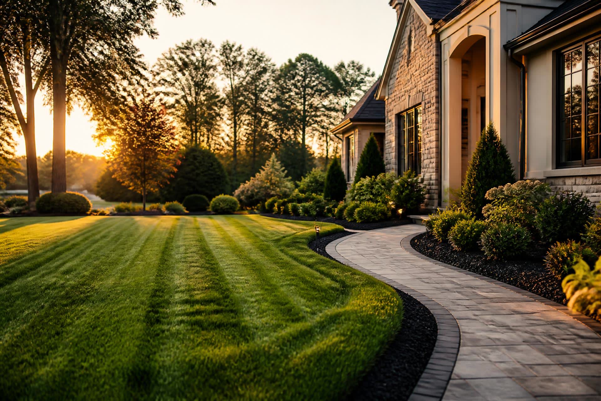 Freshly cut striped lawn, sharp edging and paver walkway at a high-end Ocean County NJ property